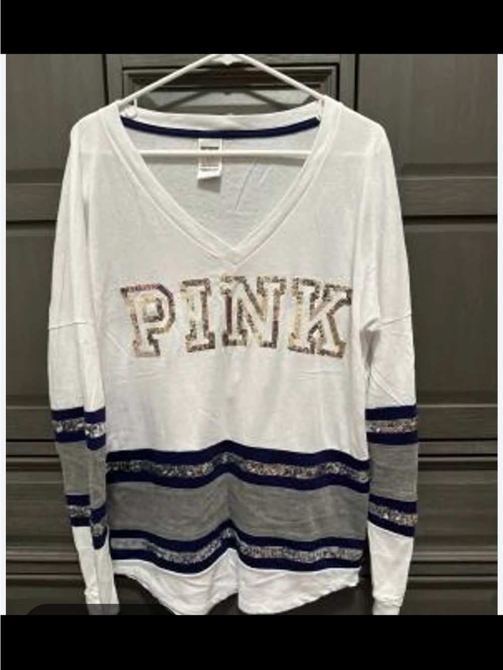 PINK Victoria's Secret White V-Neck Sweatshirt with Navy & Gray Stripes